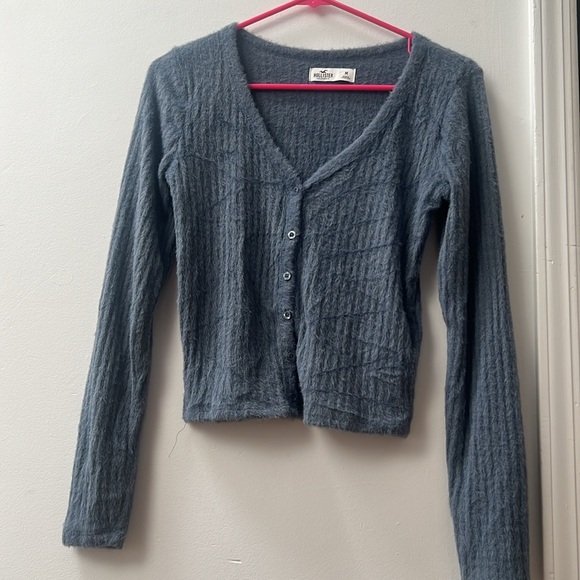Hollister California Size Medium blue sweater fuzzy super soft button top shirt - Picture 2 of 13